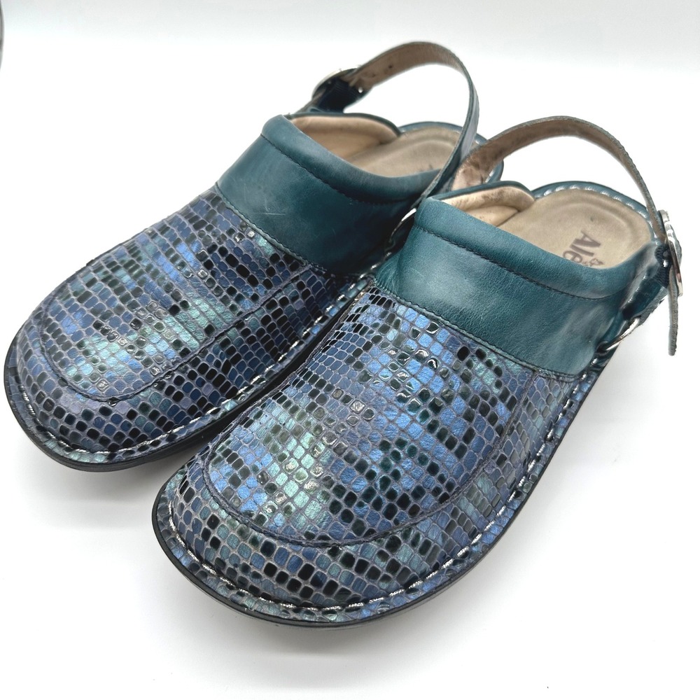 Alegria Seville Blue Teal Mosaic Snakeskin Leather Clogs Swivel Strap 40/9.5-10 - Picture 6 of 11